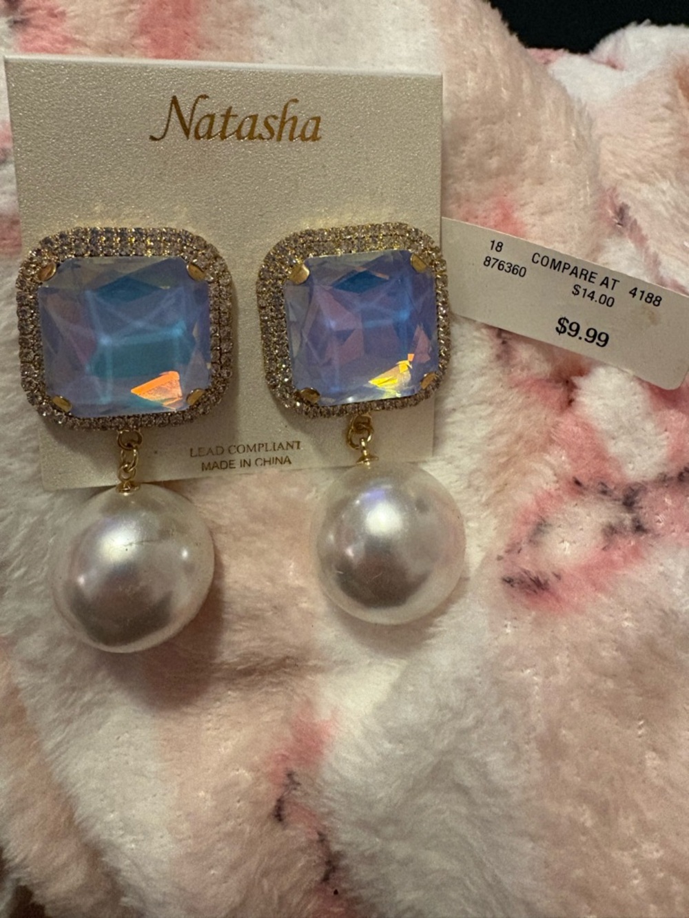 NWT Natasha Couture Iridescent Lavender-Blue Crystal and Pearl Drop Earrings